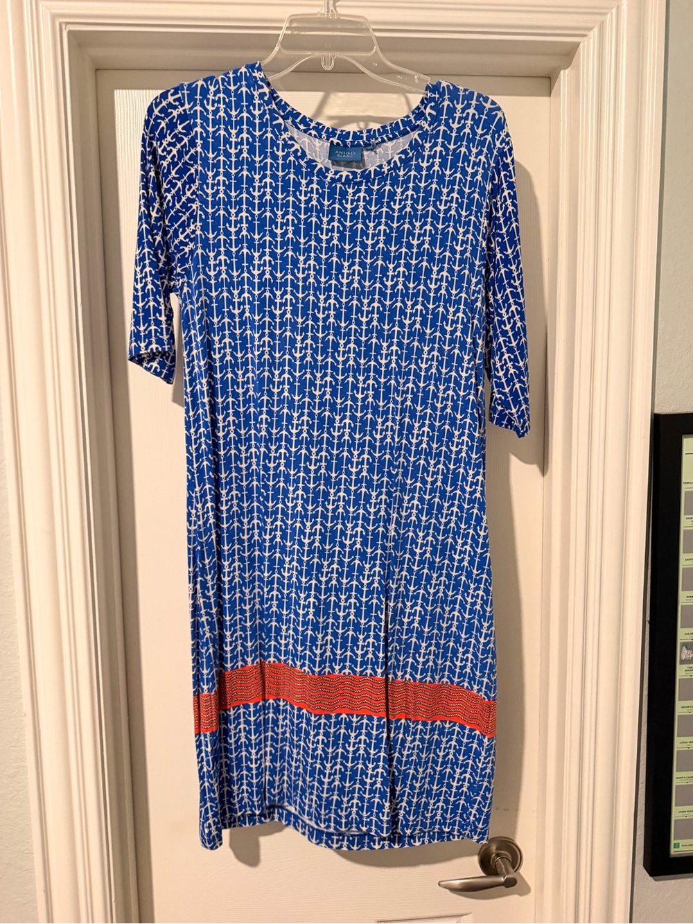 Blue Printed Midi Dress with Red Accent